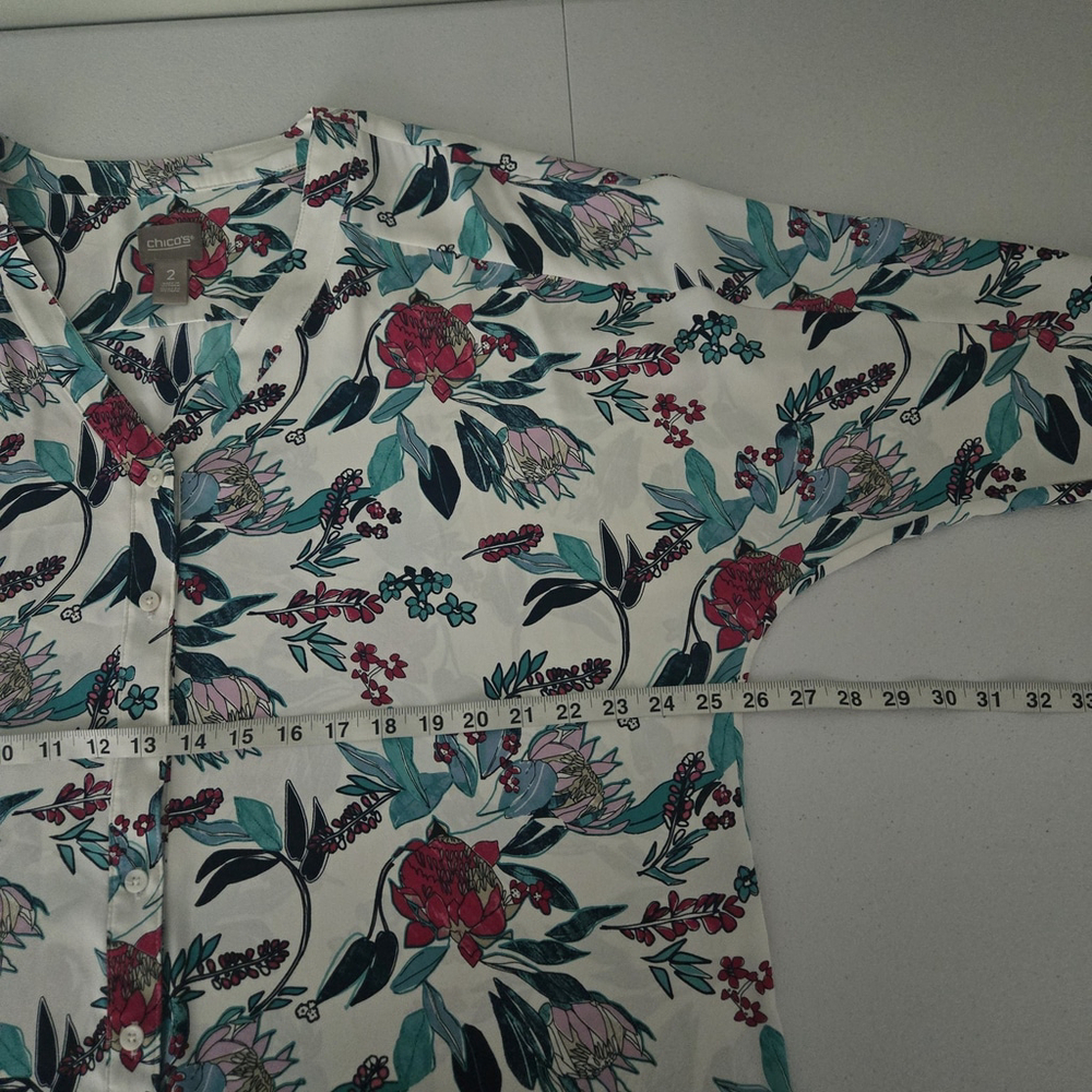 Chicos Womens Floral Button Up Top Size L White Bloomcore Office Modest Career - Picture 6 of 7